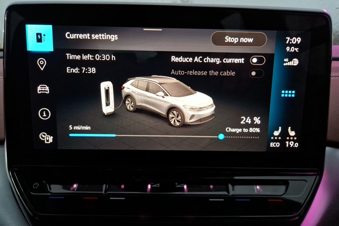 VW ID.4 long-term test - infotainment screen showing charging at 5 miles a minute