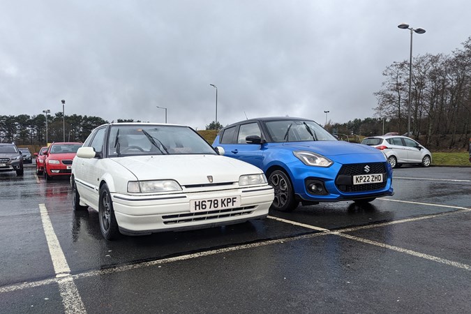 Suzuki Swift Sport (2023) review: long-termer parked alongside a Rover 216 GTi, front three quarter