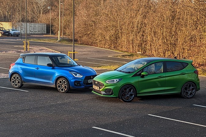 Suzuki Swift Sport (2023) review: long-termer twin test with Ford Fiesta ST, front side view