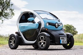 Blue and white 2018 Renault Twizy coupe front three-quarter