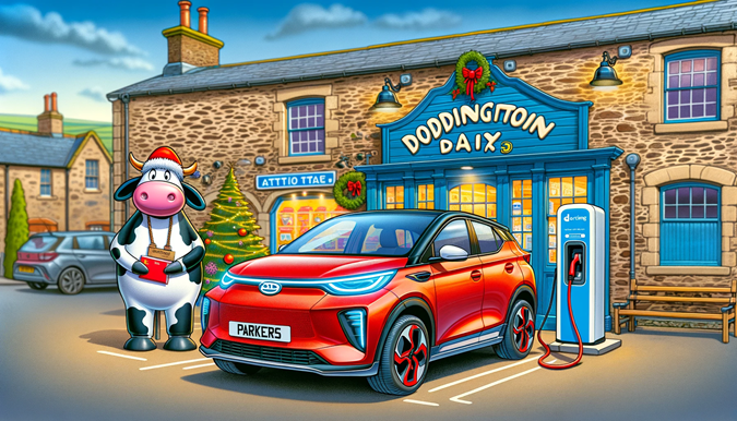 An OpenAI generated cartoon of a red electric car stopping in Wooler