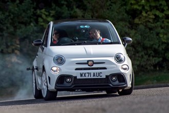 Abarth 695 Competizione (2022) review: hard cornering, handbrake turn, white car