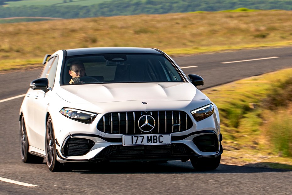 Mercedes-AMG A45 S review, white, facelift, front, driving