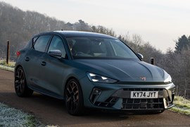 Cupra Leon (2025) review: front three quarter driving, matte grey paint