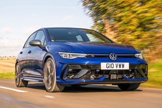 Volkswagen Golf R (2025) review: front three quarter driving, blue paint