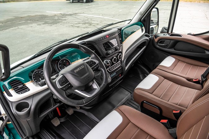 Brown leather seats continue the retro theme in the Daily 4x4 Tigrotto