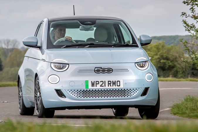 Fiat 500e front three quarter cornering, pale blue paint