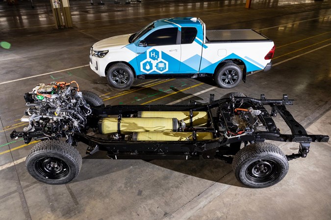 The Hilux has room for three hydrogen tanks tucked underneath its body.