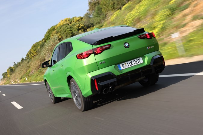 BMW X2 review, M35i, green, rear, driving