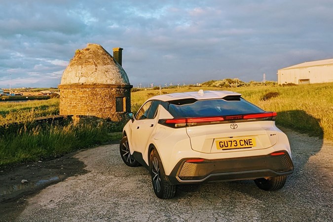 Toyota C-HR (2025) long-term test: rear three quarter static, Workington shore