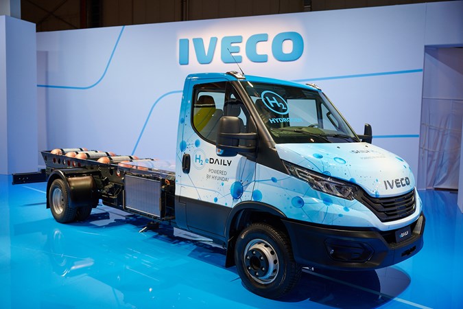 The future of fuel: Iveco eDaily hydrogen prototype, front three quarter static, blue and white graphics