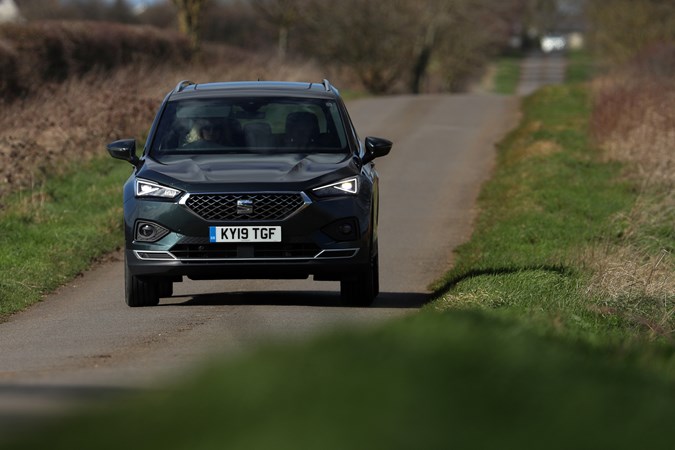 SEAT Tarraco review, dead-on front, driving down single lane road 