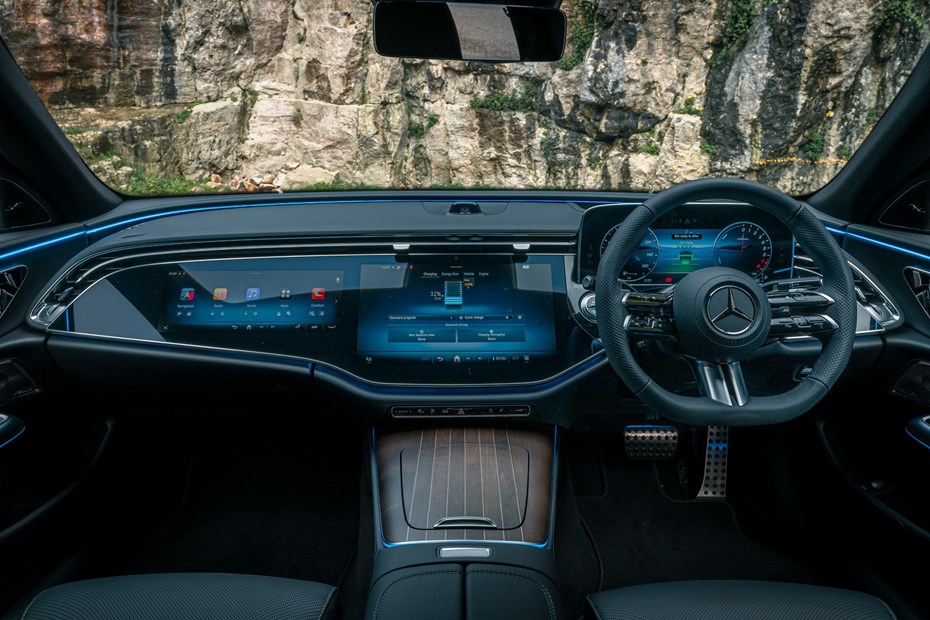 Mercedes-Benz E-Class review, E300e plug-in hybrid, interior showing dashboard, selfie camera and Superscreen