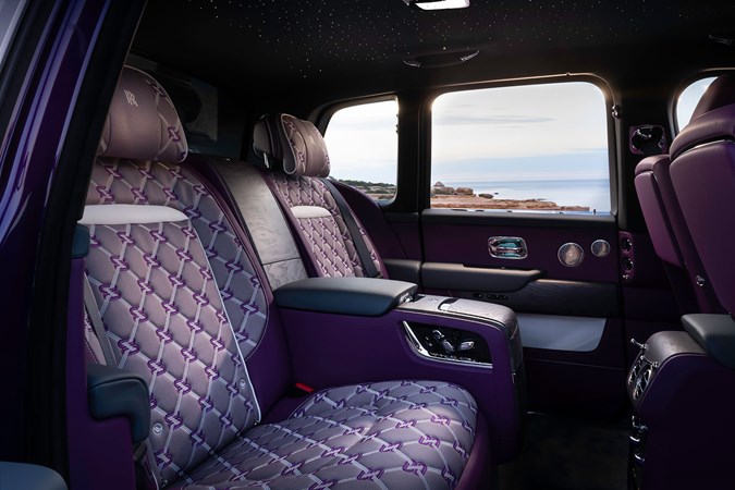 Rolls-Royce Cullinan (2024) review: rear seats, purple upholstery