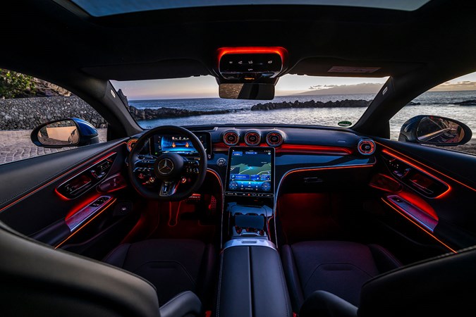 Mercedes-AMG CLE 53 review: dashboard and infotainment system, black upholstery