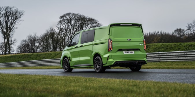 The Ford Transit Custom MS-RT's spoiler is divided into two parts with twin back doors.