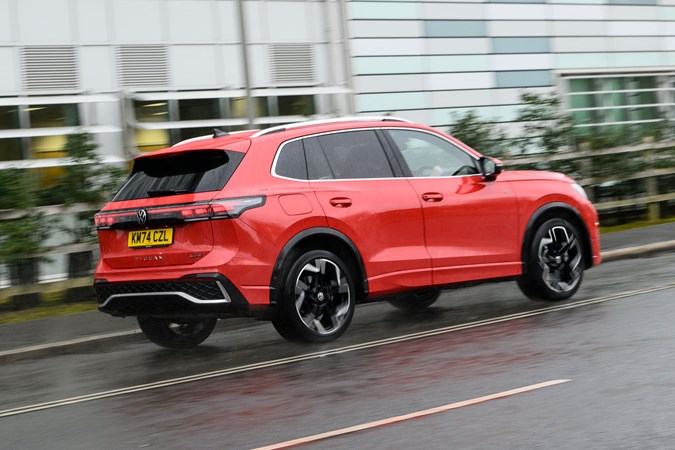 VW Tiguan review - rear, Persimmon Red, driving, Bauer Media exclusive image