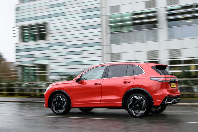 VW Tiguan review - rear side, Persimmon Red, driving, Bauer Media exclusive image