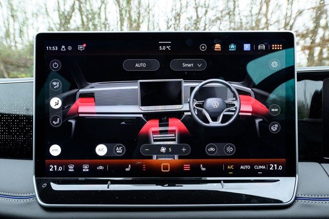 VW Tiguan review - 15.1-inch infotainment screen showing climate control, Bauer Media exclusive image