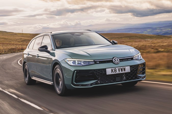 Volkswagen Passat review: front three quarter tracking, low angle, petrol green paint