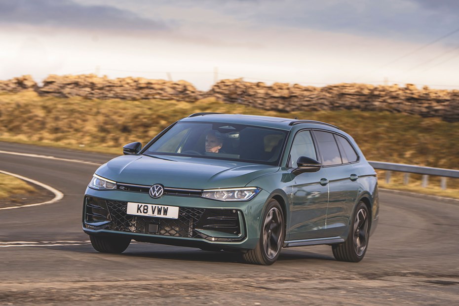 Volkswagen Passat review: front three quarter driving, low angle, petrol green paint