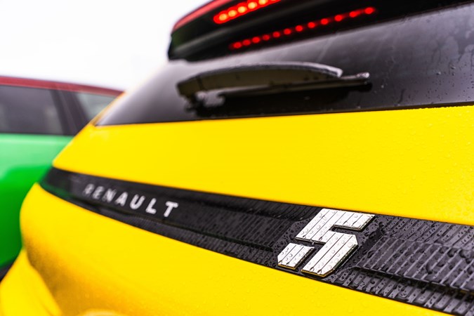 Renault 5 E-Tech (2024) review: rear badge detail shot, yellow paint