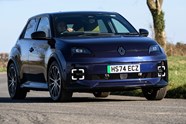 Renault 5 E-Tech review, driving, blue, front three quarters | Parkers