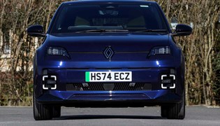 Renault 5 E-Tech review, static, blue, front on | Parkers