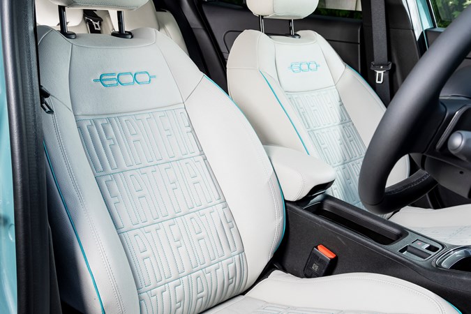 Fiat 600 Hybrid review - La Prima eco-leather seats with FIAT lettering