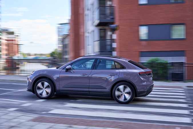 Porsche Macan Electric (2024) review: driving, side, Provence colour