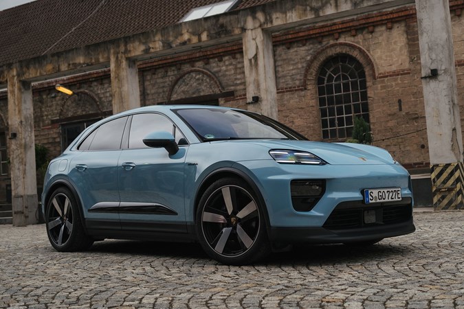 Porsche Macan Electric (2024) review: front three quarter static, blue paint