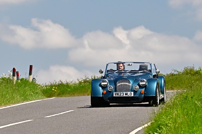 Morgan Plus Six review - front, blue, driving, exclusive Bauer image