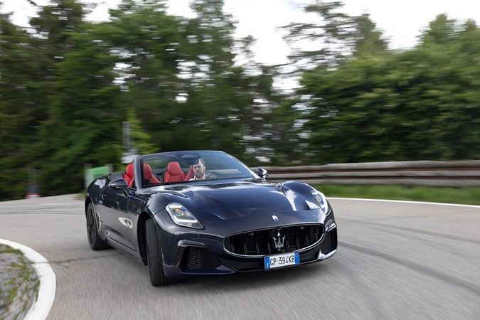 Maserati GranCabrio Trofeo review: front three quarter cornering, black paint