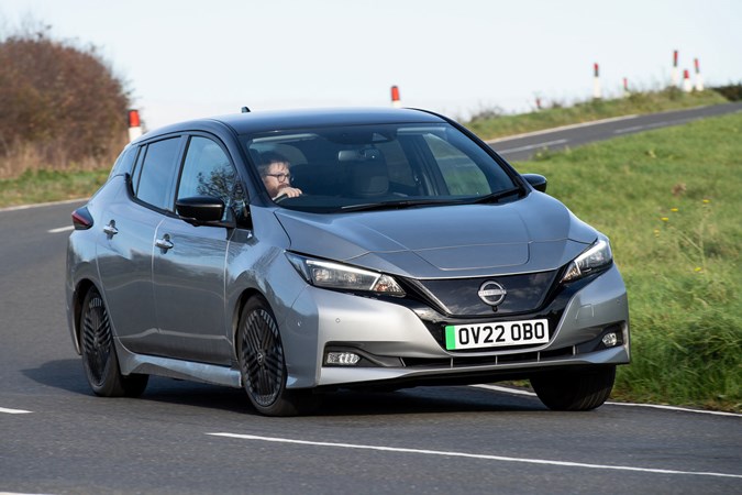Nissan Leaf review - front, driving round corner, silver