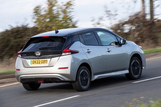Nissan Leaf review, silver, rear view, driving up hill