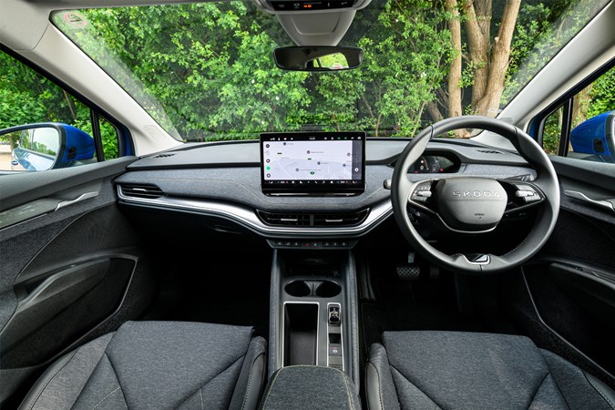 Skoda Elroq interior, grey, dashboard, steering wheel