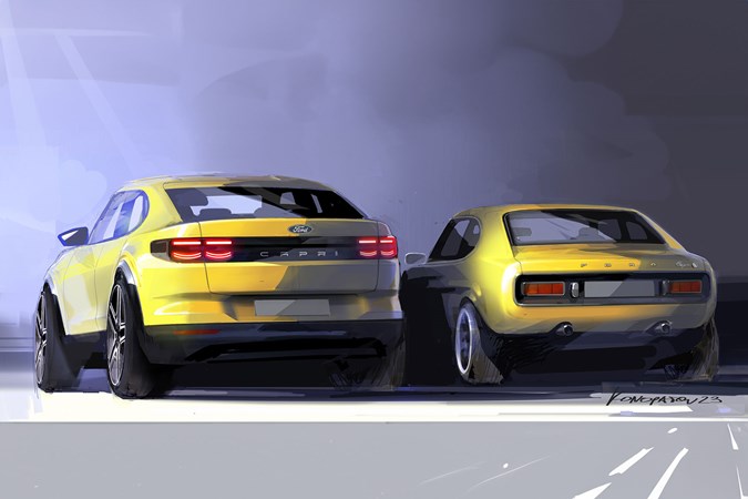 Ford Capri (2024) launch: design sketch of new and old Capri, yellow paint, rear