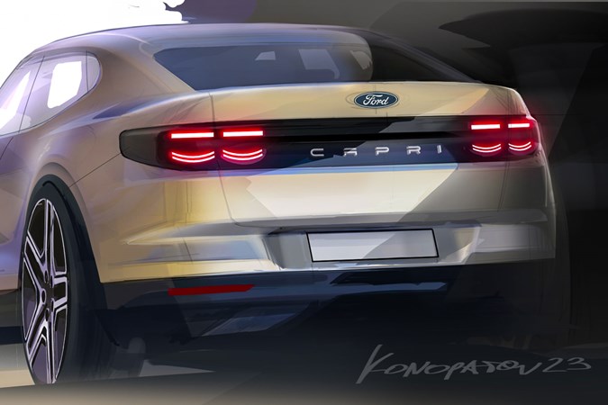 Ford Capri (2024) launch: design sketch of Capri, rear three quarter