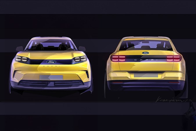 Ford Capri (2024) launch: design sketch of Capri, front and rear