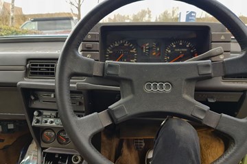 The mouldy steering wheel of an Audi, in need of some cleaning.