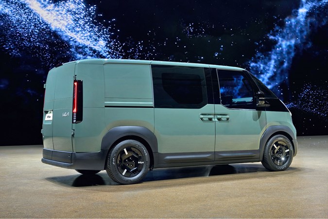 Kia PV5 electric Crew Van at Kia EV event, rear, green