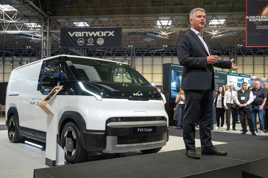 Kia UK president and CEO Paul Philpott unveils the Kia PV5 at the 2025 CV Show