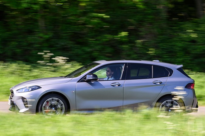 BMW M135 long-term test: side view cornering matte grey paint