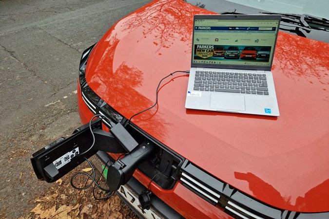 Image of a Dacia Spring powering a laptop