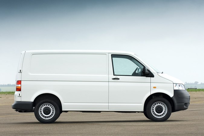 Image of the Volkswagen T5 Transporter panel van, in white, viewed from the right side