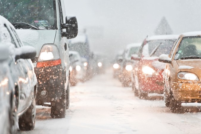 Image of a traffic jam on a snow covered road