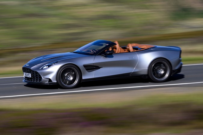 Aston Martin Vanquish Volante review - front side, silver, driving fast