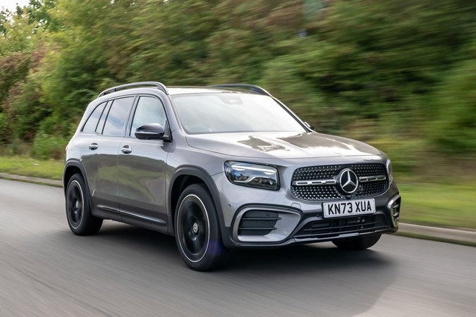 Mercedes GLB (2023) review: front three quarter driving, silver paint, British B-road
