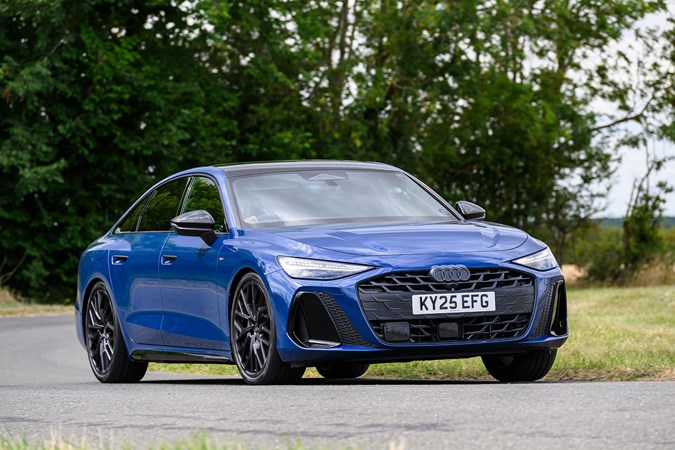 Audi A6 saloon (2025) review: front three quarter cornering, blue paint, low angle