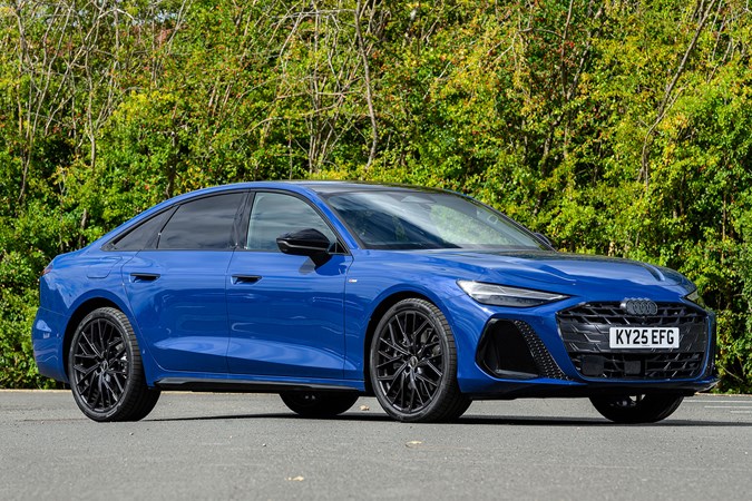 Audi A6 saloon (2025) review: front three quarter static, blue paint